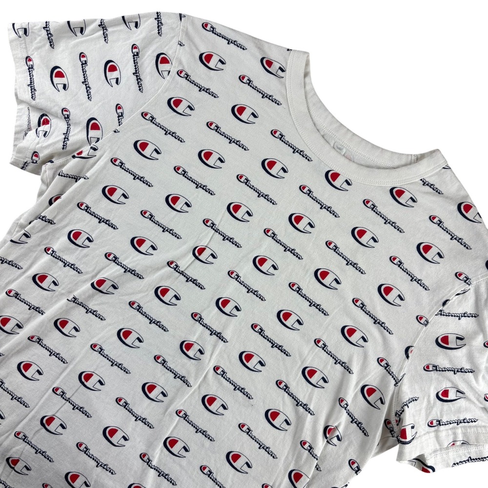 Champion Men's L White All-Over Logo Print T-Shirt Authentic Athleticwear Street